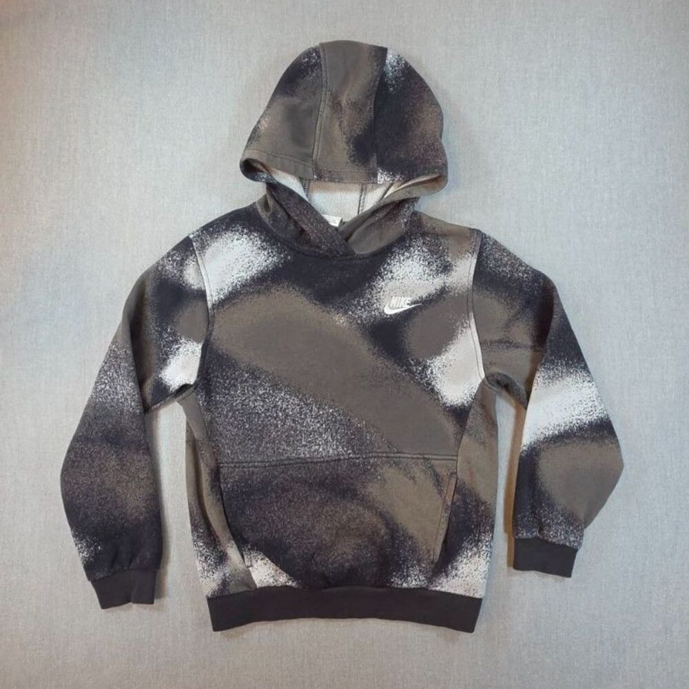 Nike Boys Large Club Fleece Spray Print Pullover Hoodie Gray Black White Graphic